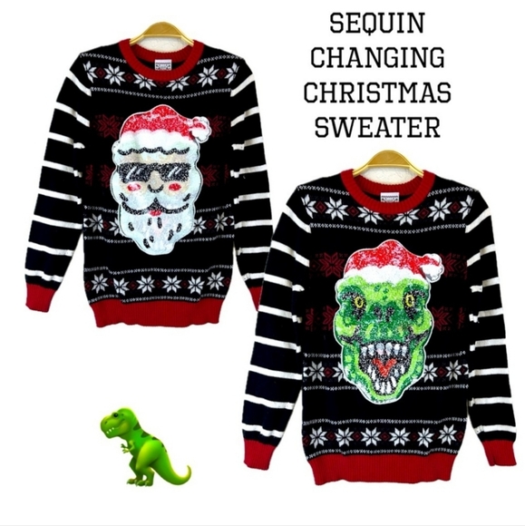 Holiday Sweater Sequin Changing Santa Face Dinosaur Head Size xl - Picture 6 of 6